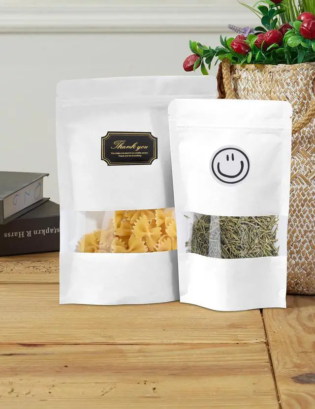Alt view image 6 of 6 - 100 Pcs Reaselable Bags, Out Size 5.5" x 7.9"(Inner Size 4.9" x 5") Stand Up Pouches White Paper Bags with Window, Zipper Food Storage Bags for Packaging Products, Reusable, Sealable