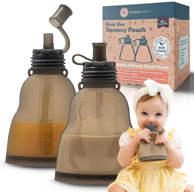 Main image of Reusable Baby Food Pouches for Toddlers - 2 Pack, 6 oz/180 ml, Slate - Squeezable Silicone Food Pouch - Refillable, Leakproof, Spill Proof Puree Containers - BPA Free - Dishwasher Safe