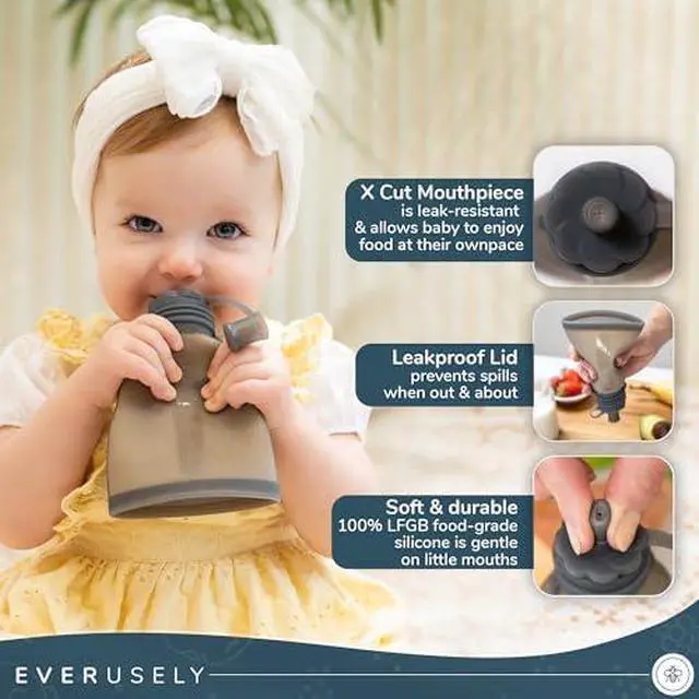Alt view image 4 of 7 - Reusable Baby Food Pouches for Toddlers - 2 Pack, 6 oz/180 ml, Slate - Squeezable Silicone Food Pouch - Refillable, Leakproof, Spill Proof Puree Containers - BPA Free - Dishwasher Safe