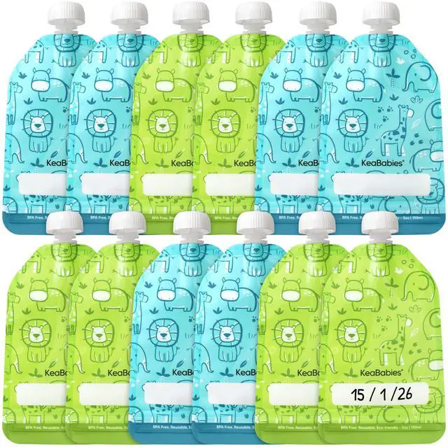 Main image of 12-Pack Reusable Baby Food Pouches Refillable 5oz Reusable Pouches for Toddlers, Kids Squeezable Yogurt, Apple Sauce, Fruit Smoothie, Baby Puree Container, Homemade Baby Food Essentials (Little Zoo)