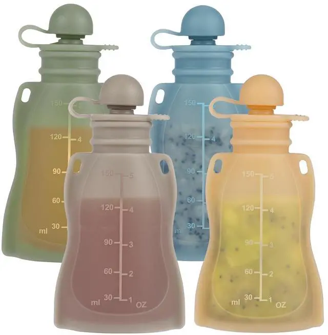 Main image of Reusable Baby Food Pouches, 4 Pack with Straw Squeezable Pouches for Toddlers, BPA-Free, Refillable Silicone Baby Food Storage Containers, 5 oz