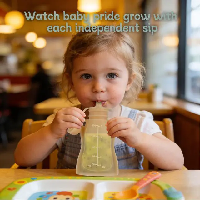 Alt view image 3 of 7 - Reusable Baby Food Pouches, 4 Pack with Straw Squeezable Pouches for Toddlers, BPA-Free, Refillable Silicone Baby Food Storage Containers, 5 oz
