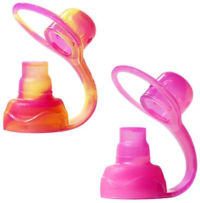 Main image of SoftSip Food Pouch Top | Baby Led Weaning | No Spill Flow Control Valve, Protects Childs Mouth, 100% Silicone, BPA Free | 2CT Yellow Pink Swirl