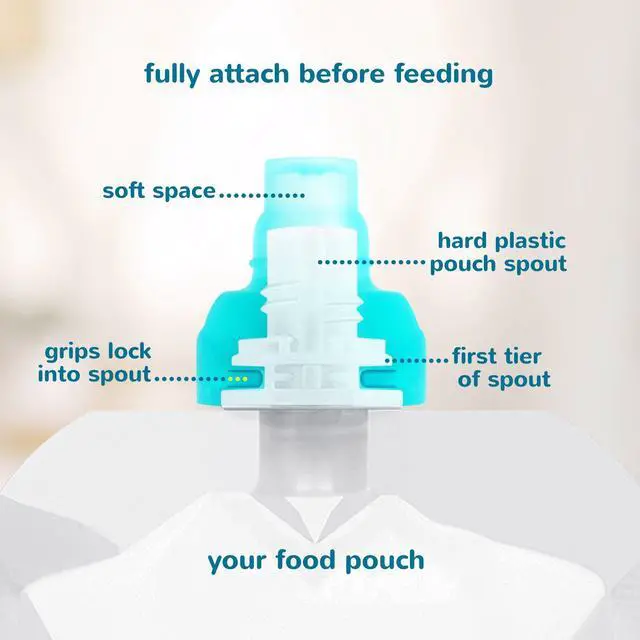 Alt view image 3 of 7 - SoftSip Food Pouch Top | Baby Led Weaning | No Spill Flow Control Valve, Protects Childs Mouth, 100% Silicone, BPA Free | 2CT Yellow Pink Swirl