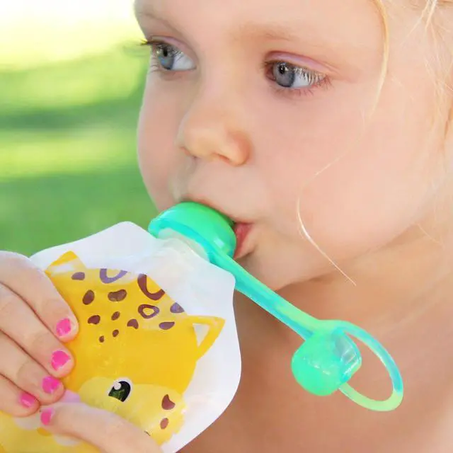 Alt view image 6 of 7 - SoftSip Food Pouch Top | Baby Led Weaning | No Spill Flow Control Valve, Protects Childs Mouth, 100% Silicone, BPA Free | 2CT Yellow Pink Swirl