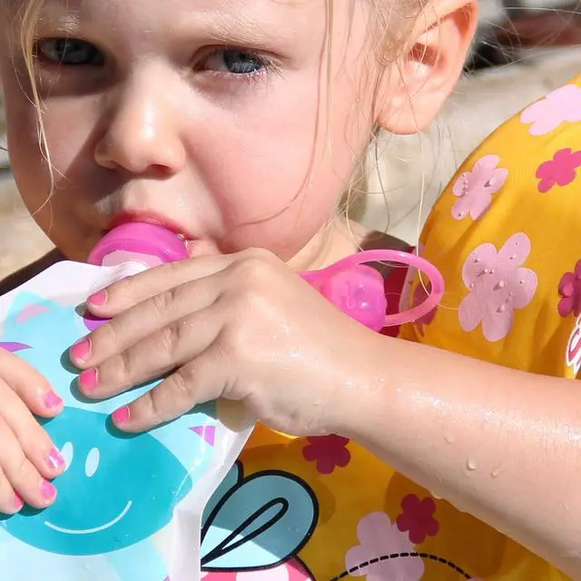 Alt view image 5 of 7 - SoftSip Food Pouch Top | Baby Led Weaning | No Spill Flow Control Valve, Protects Childs Mouth, 100% Silicone, BPA Free | 2CT Yellow Pink Swirl