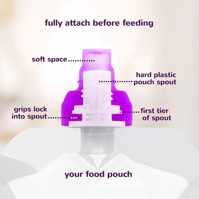 Alt view image 4 of 7 - SoftSip Food Pouch Top | Baby Led Weaning | No Spill Flow Control Valve, Protects Childs Mouth, 100% Silicone, BPA Free | 2CT Green Purple Swirl