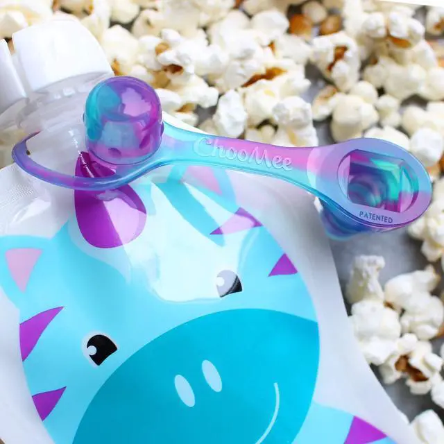 Alt view image 5 of 7 - SoftSip Food Pouch Top | Baby Led Weaning | No Spill Flow Control Valve, Protects Childs Mouth, 100% Silicone, BPA Free | 2CT Green Purple Swirl