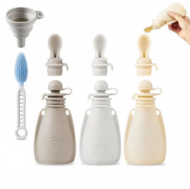 Main image of 3 Pack Silicone Baby Food Pouches, Reusable Squeeze Pouches for Toddler with 3 Silicone Puree Feeder Spoon, BPA-Free Silicone Refillable Infant Food Storage, 5 oz (Light Tan&Walnut&Grey)