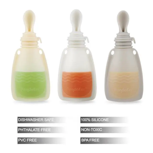 Alt view image 3 of 7 - 3 Pack Silicone Baby Food Pouches, Reusable Squeeze Pouches for Toddler with 3 Silicone Puree Feeder Spoon, BPA-Free Silicone Refillable Infant Food Storage, 5 oz (Light Tan&Walnut&Grey)