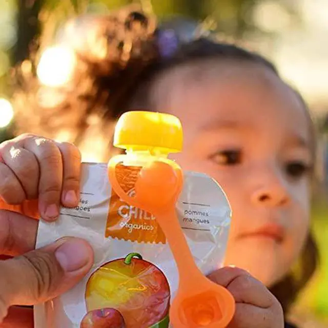Alt view image 4 of 7 - SoftSip Food Pouch Top | Baby Led Weaning | No Spill Flow Control Valve, Protects Childs Mouth, 100% Silicone, BPA Free | 2CT Orange Aqua