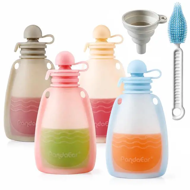 Main image of Reusable Silicone Baby Food Pouches, 4 Pack Squeeze Pouches for Toddler Kids, BPA-Free Silicone Refillable Baby Food Storage, 5 oz