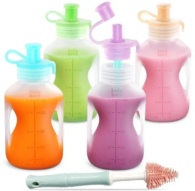 Main image of Silicone Reusable Baby Food Pouches with Straws, 2 Pack Leakproof Refillable Squeeze Pouches, Dishwasher, Freezer, Microwave Safe, 5OZ Baby Food Storage for Homemade Puree, Yogurt