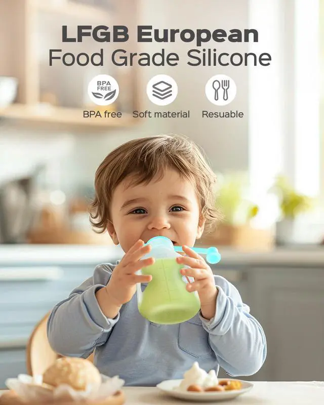Alt view image 4 of 7 - Silicone Reusable Baby Food Pouches with Straws, 2 Pack Leakproof Refillable Squeeze Pouches, Dishwasher, Freezer, Microwave Safe, 5OZ Baby Food Storage for Homemade Puree, Yogurt