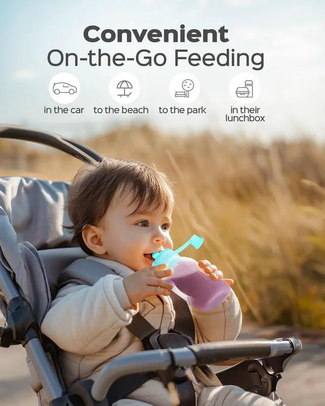 Alt view image 7 of 7 - Silicone Reusable Baby Food Pouches with Straws, 2 Pack Leakproof Refillable Squeeze Pouches, Dishwasher, Freezer, Microwave Safe, 5OZ Baby Food Storage for Homemade Puree, Yogurt