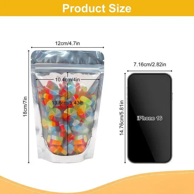 Alt view image 2 of 7 - Mylar Bags for Food Storage 100 Pcs Aluminum foil Stand-Up Bag with Clear Front Window Resealable Bags for Small Business Disposable 4.7x7 Inch