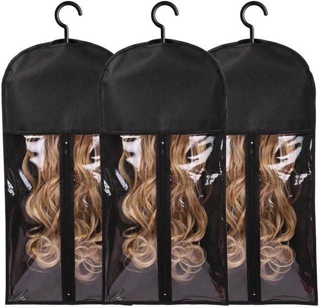 Main image of 3PCS Hair Extension Holder Wig Storage Bags with Hanger Wig Holder for Multiple Wigs Hanger Dust-proof Storage Organizer with Hook Hair Extensions, wigs & accessories (Black)