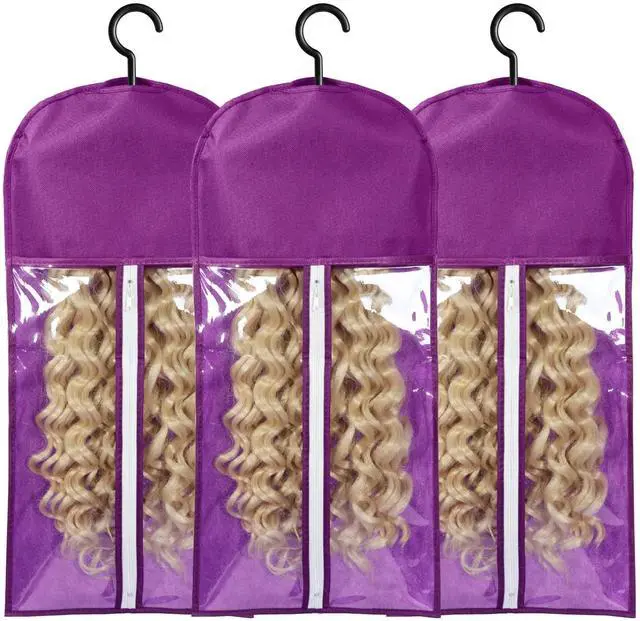 Main image of 3PCS Wig Bags Storage with Hanger Wig Holder Wig Hanger for Multiple Wigs Portable Hair Extension Holder Dust-proof Hair Extension Storage Wigs Stand Hair Extensions, wigs & accessories (Purple)