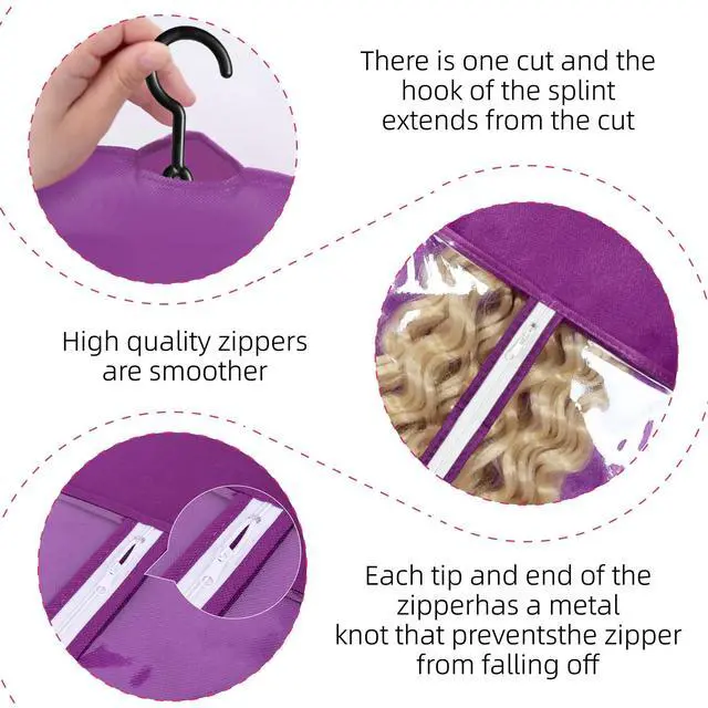 Alt view image 4 of 7 - 3PCS Wig Bags Storage with Hanger Wig Holder Wig Hanger for Multiple Wigs Portable Hair Extension Holder Dust-proof Hair Extension Storage Wigs Stand Hair Extensions, wigs & accessories (Purple)