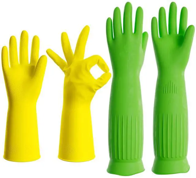 Main image of 2 Pairs Rubber Cleaning Gloves long & short for Household - Reusable Dishwashing Gloves for Kitchen, Flexible Long-lasting