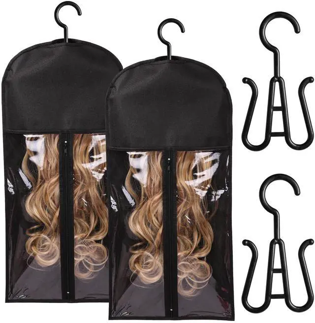 Main image of 2PCS Hair Extension Holder Wig Stand & Organizer - Hanger & Bag for Multiple Wigs (Black)