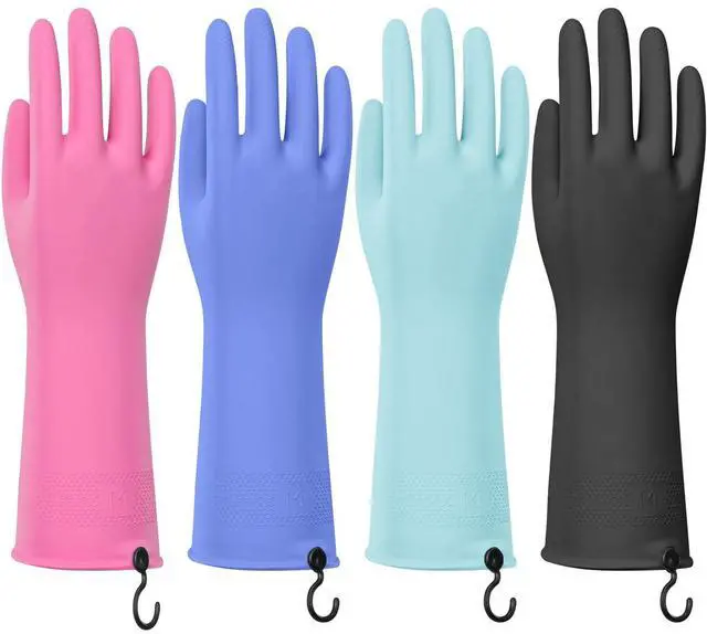 Main image of 4 Pairs Rubber Dishwashing Gloves with Hanging Hooks - Reusable Cleaning Gloves for Kitchen & Household, Non-Slip, Durable and Flexible (Medium, 4 Colors: Black, Pink, Blue, Purple)