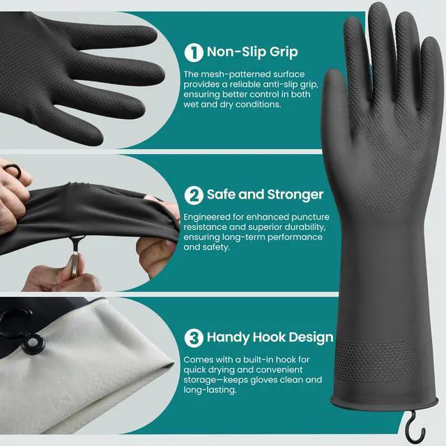 Alt view image 2 of 6 - 4 Pairs Rubber Dishwashing Gloves with Hanging Hooks - Reusable Cleaning Gloves for Kitchen & Household, Non-Slip, Durable and Flexible (Medium, 4 Colors: Black, Pink, Blue, Purple)