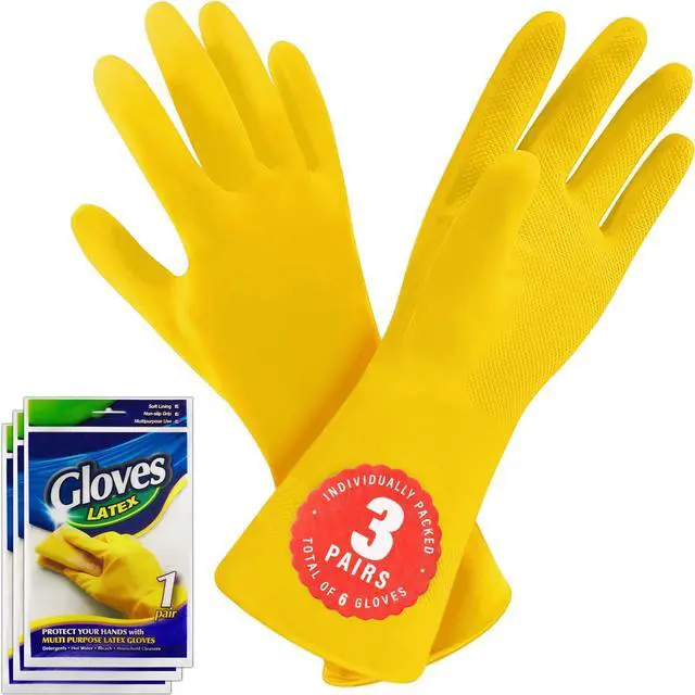 Main image of 3/6 Pairs Cleaning Gloves, Reusable Natural Rubber Dish Gloves, Waterproof Latex Non-Slip Dishwashing Gloves for Kitchen and Household (Large, 3 Pack)