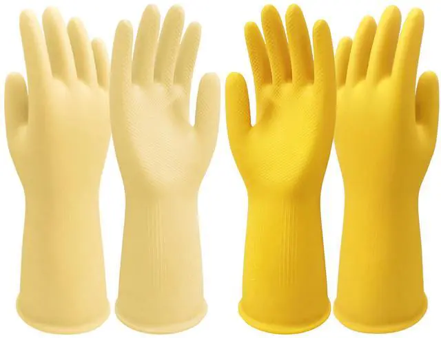 Main image of Rubber Cleaning Dishwashing Gloves for Kitchen Dish - Thicken Reusable Gloves for Washing Dishes, 2 Pairs Yellow Beige Medium