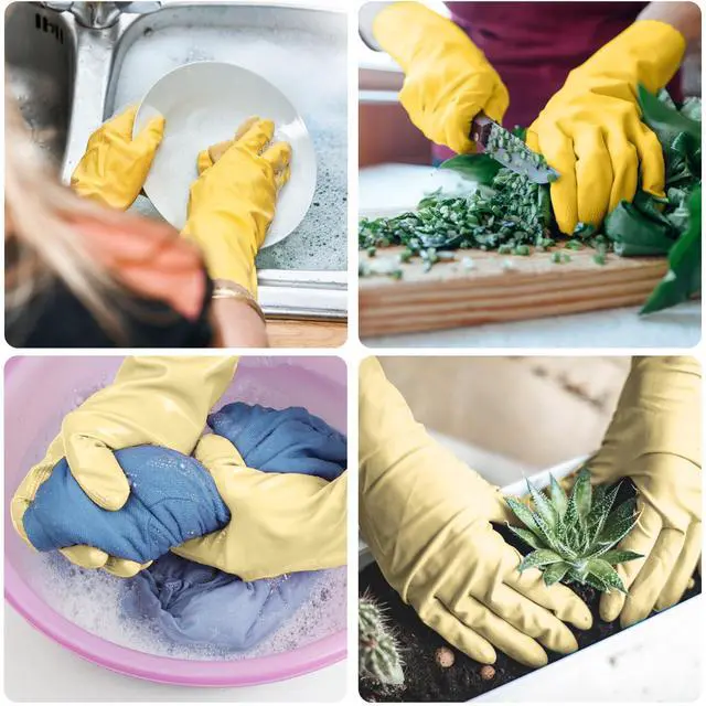 Alt view image 2 of 6 - Rubber Cleaning Dishwashing Gloves for Kitchen Dish - Thicken Reusable Gloves for Washing Dishes, 2 Pairs Yellow Beige Medium
