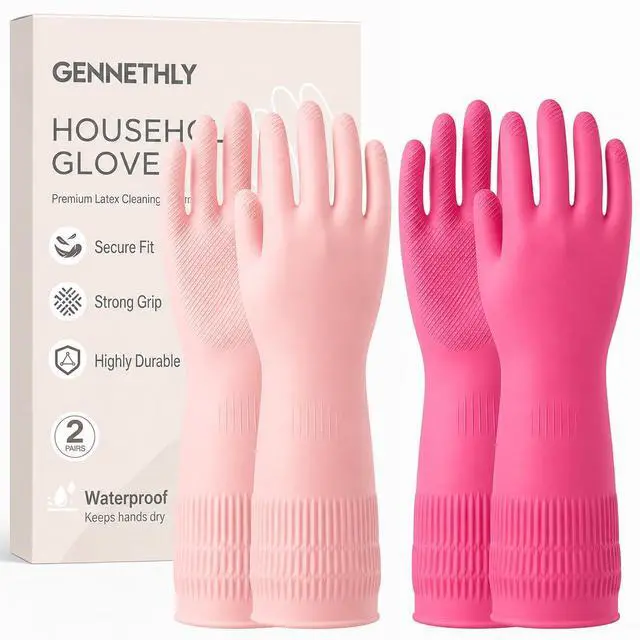 Main image of Rubber Dishwashing Gloves, 2 Pairs, Reusable Cleaning Dish Gloves for Kitchen, Non-Slip, Waterproof Dish Washing, Long Cuff for Woman (Pink+Red, Medium)
