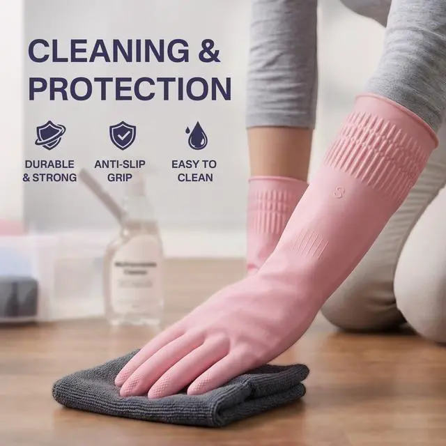 Alt view image 2 of 7 - Rubber Dishwashing Gloves, 2 Pairs, Reusable Cleaning Dish Gloves for Kitchen, Non-Slip, Waterproof Dish Washing, Long Cuff for Woman (Pink+Red, Medium)