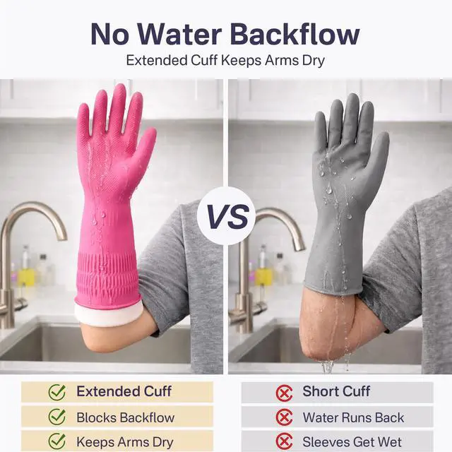 Alt view image 6 of 7 - Rubber Dishwashing Gloves, 2 Pairs, Reusable Cleaning Dish Gloves for Kitchen, Non-Slip, Waterproof Dish Washing, Long Cuff for Woman (Pink+Red, Medium)