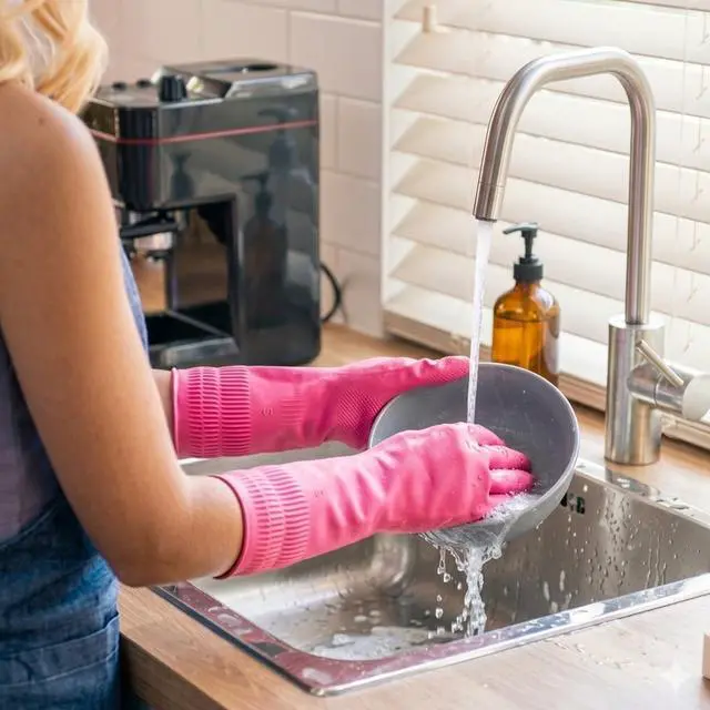 Alt view image 3 of 7 - Rubber Dishwashing Gloves, 2 Pairs, Reusable Cleaning Dish Gloves for Kitchen, Non-Slip, Waterproof Dish Washing, Long Cuff for Woman (Pink+Red, Medium)
