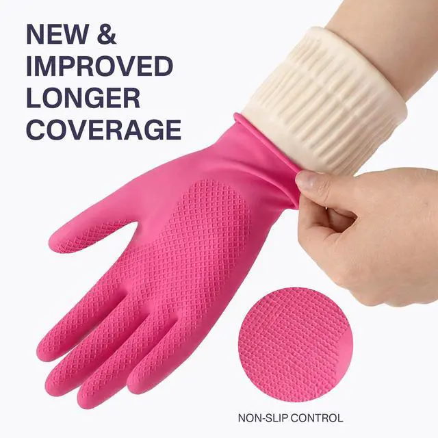 Alt view image 5 of 7 - Rubber Dishwashing Gloves, 2 Pairs, Reusable Cleaning Dish Gloves for Kitchen, Non-Slip, Waterproof Dish Washing, Long Cuff for Woman (Pink+Red, Medium)