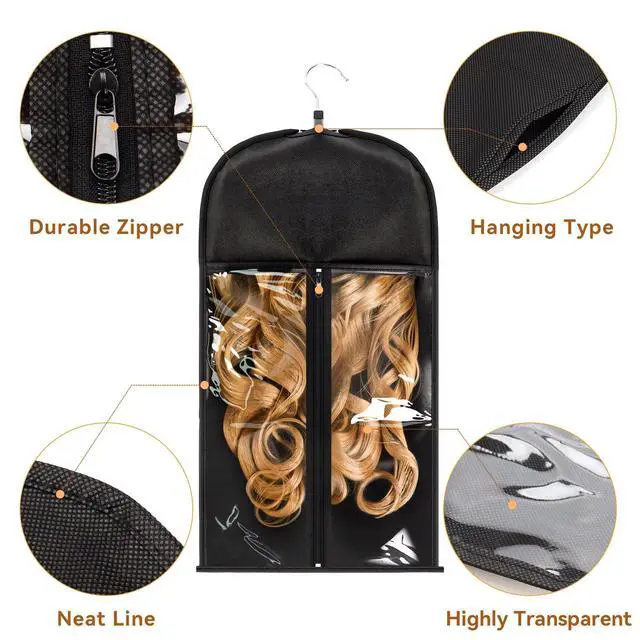 Alt view image 4 of 7 - 1 Pack Wig Storage Bag with Hanger Hair Extensions Wig Storage Extra Long Hair Extension Holder with Transparent Zip Up Closure (Size Large)