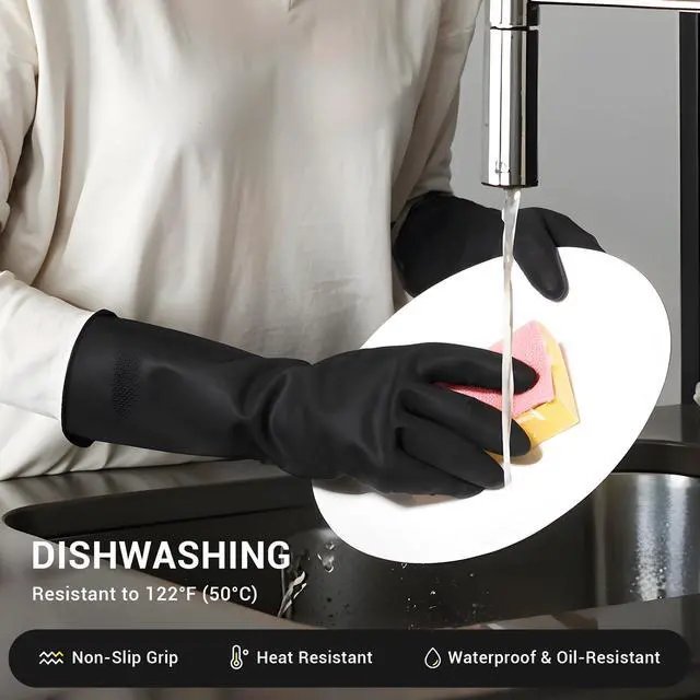 Alt view image 4 of 7 - 3 Pairs Dishwashing Gloves, Reusable Latex Cleaning Gloves for Housework Kitchen Bathroom, Durable Flexible & Anti-slip, Smooth Lining, Easy On & Off, Extra Large, Black