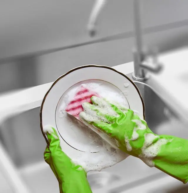 Alt view image 6 of 7 - Synthetic Rubber Gloves, Medium Size, 11.8 Inches, 3 Pairs 3 Colors for Household Cleaning, Dishwashing and Other Home Cleaning Use