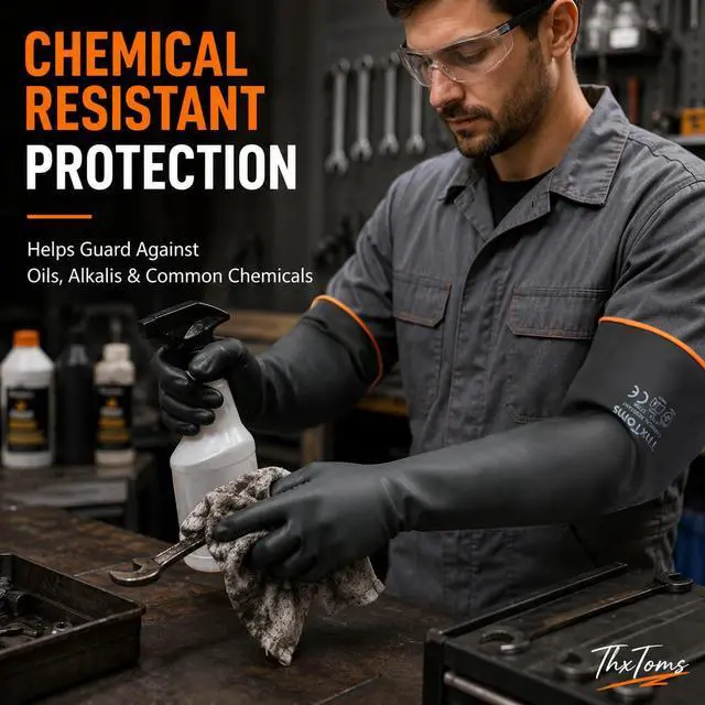 Alt view image 2 of 7 - Heavy Duty Latex Gloves,Long Rubber Gloves, Chemical Resistant Gloves,Puncture Resistant, Resist Acid,Oil,Alkali, Waterproof for Industrial Cleaning, Gardening, 22", 1 Pair