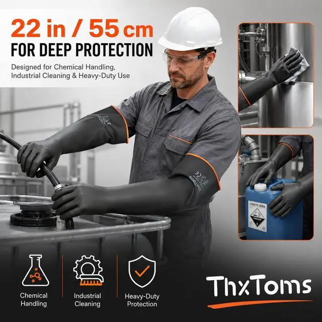 Alt view image 4 of 7 - Heavy Duty Latex Gloves,Long Rubber Gloves, Chemical Resistant Gloves,Puncture Resistant, Resist Acid,Oil,Alkali, Waterproof for Industrial Cleaning, Gardening, 22", 1 Pair