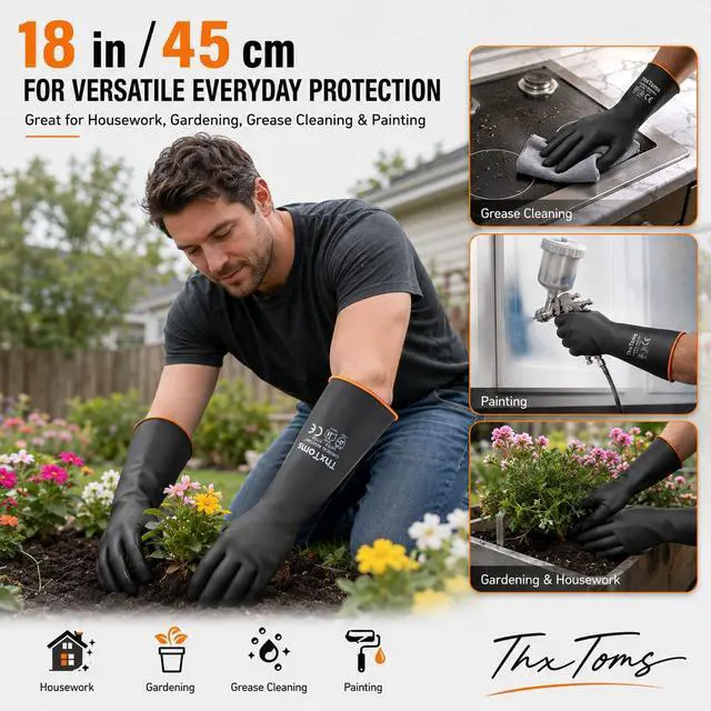 Alt view image 6 of 7 - Heavy Duty Latex Gloves,Long Rubber Gloves, Chemical Resistant Gloves,Puncture Resistant, Resist Acid,Oil,Alkali, Waterproof for Industrial Cleaning, Gardening, 22", 1 Pair