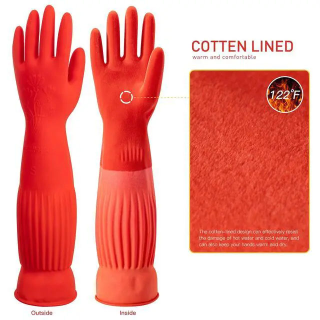 Alt view image 2 of 6 - Rubber Dishwashing Cleaning Gloves (2-Pair) - Soft Fleece Lining, Reusable, Waterproof with Extra-Long Cuff & Non-Slip Grip for Household & Kitchen Use - Medium