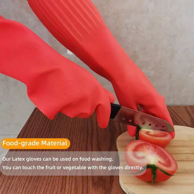 Alt view image 5 of 6 - Rubber Dishwashing Cleaning Gloves (2-Pair) - Soft Fleece Lining, Reusable, Waterproof with Extra-Long Cuff & Non-Slip Grip for Household & Kitchen Use - Medium