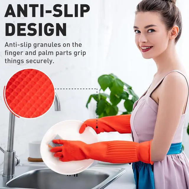 Alt view image 4 of 6 - Rubber Dishwashing Cleaning Gloves (2-Pair) - Soft Fleece Lining, Reusable, Waterproof with Extra-Long Cuff & Non-Slip Grip for Household & Kitchen Use - Medium