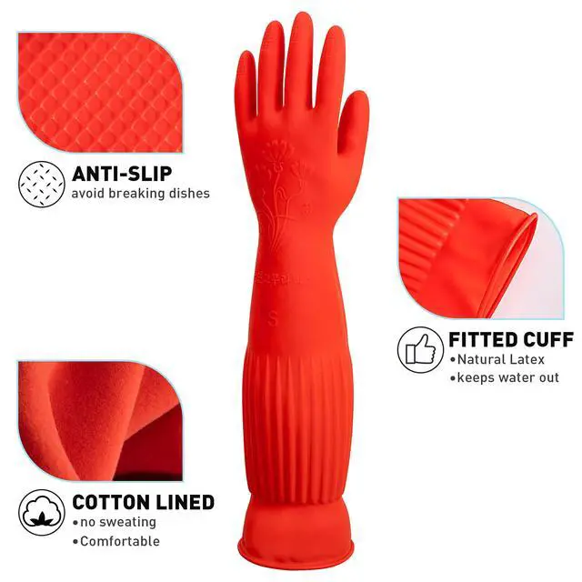 Alt view image 6 of 6 - Rubber Dishwashing Cleaning Gloves (2-Pair) - Soft Fleece Lining, Reusable, Waterproof with Extra-Long Cuff & Non-Slip Grip for Household & Kitchen Use - Medium