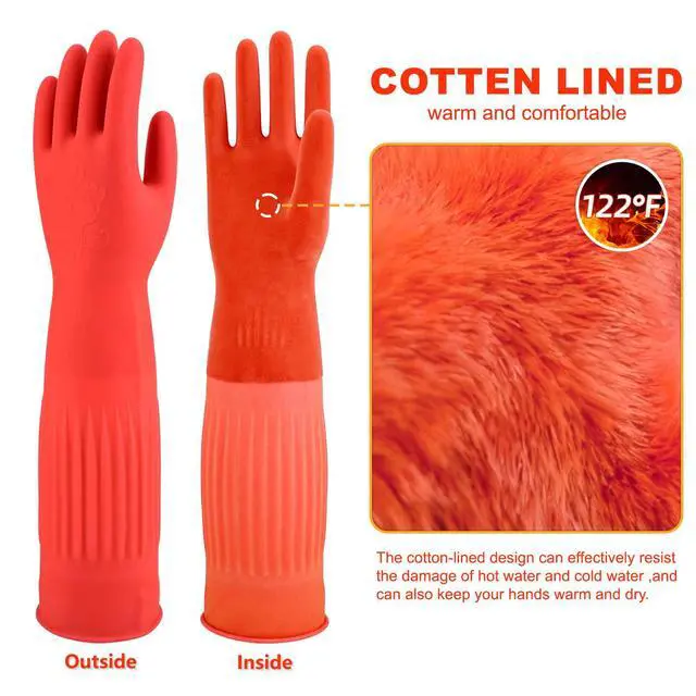 Alt view image 4 of 6 - Rubber Gloves Kitchen Cleaning For Washing Dishing Kithchen, warmming Heat Resistant Dishwashing Gloves,18",2 Pairs Medium