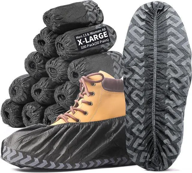 Main image of X-Large 50 Pack Shoe Covers Disposable Non-Slip, Black Non-Woven Fabric Boot Covers, Stretchable Fits Up to Size 13 US Men (Black, 100 Pack)