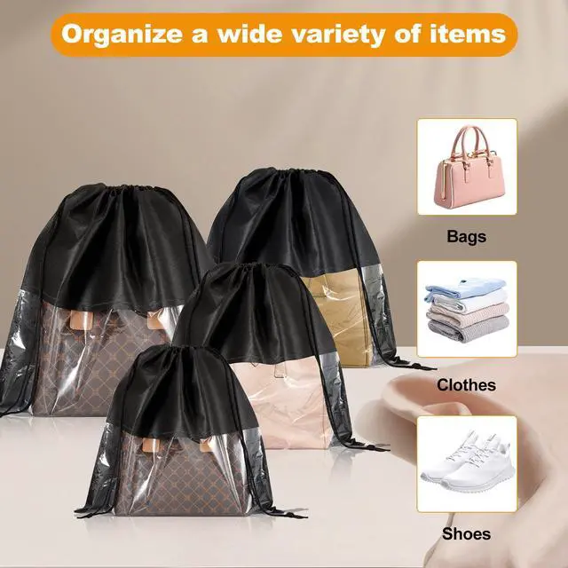 Alt view image 5 of 7 - 12 PCS Dustproof Drawstring Bags,Breathable Non-Woven Fabric Drawstring Dust Covers,Storage Bags Dust Bag for Handbags Shoes Purses,Black