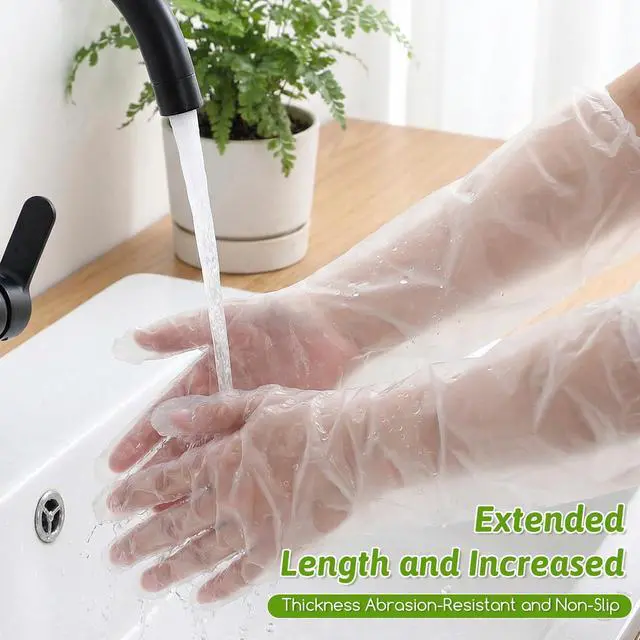 Alt view image 5 of 7 - 200 Pcs Long Sleeve Cleaning Gloves, Reusable & Waterproof Protective Rubber Gloves Elbow Length Long Plastic Glove for Household Duties, Kitchen, Dishwashing, Gardening - 22 Inch