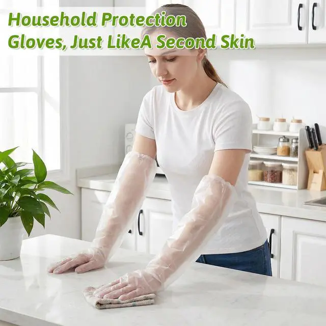 Alt view image 4 of 7 - 200 Pcs Long Sleeve Cleaning Gloves, Reusable & Waterproof Protective Rubber Gloves Elbow Length Long Plastic Glove for Household Duties, Kitchen, Dishwashing, Gardening - 22 Inch